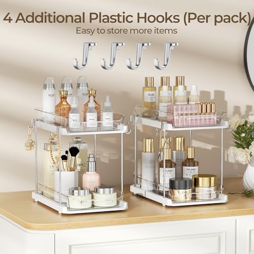 2 Tier Under Sink Organizer Bathroom, Bathroom Cabinet Organizer with Snap-Lock Design and Hooks, Pull Out Storage with Movable Dividers, for Countertop, Kitchen and Pantry (White, 4 Pack)