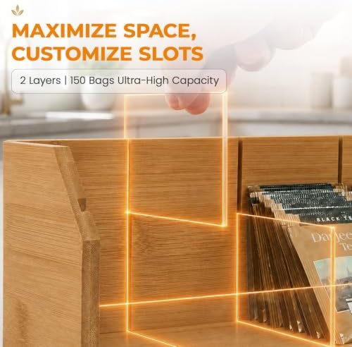 2-Layer Stackable Bamboo Tea Bag Organizer Storage Holder, Natural