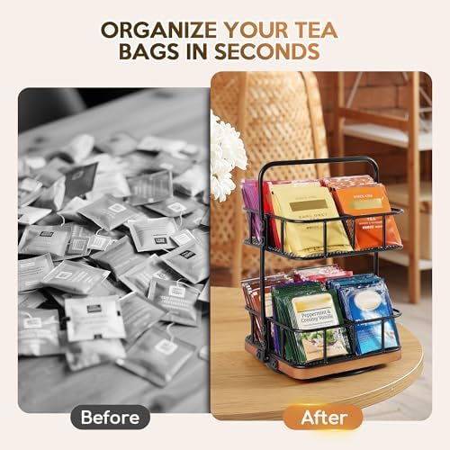 Rotating 2 Tier Tea Bag Organizer, 360° Spinning Teabag Organizer