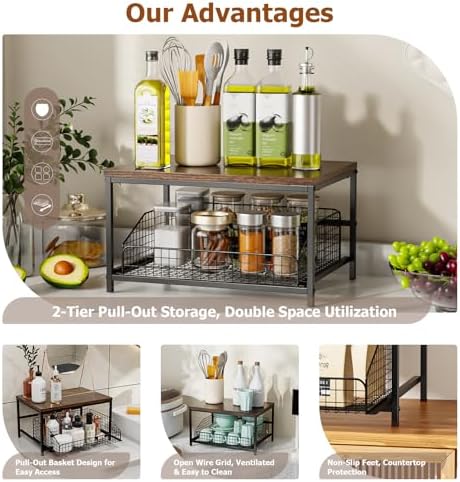 Pull Out Spice Rack Organizer for Cabinet,Rustic Wood Top with Wire Basket Storage,Kitchen Countertop Organizer and Storage for Pantry, Counter top,Coffee Station Wood. (Brown)