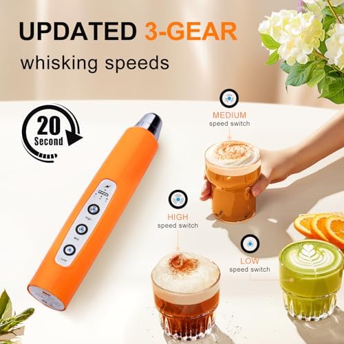 YUSWKO Fluorescence Orange Handheld Milk Frother Wand for Coffee, Rechargeable Electric Whisk with 3 Heads 3 Speeds Drink Mixer Coffee Frother For Latte, Cappuccino, Hot Chocolate, Egg - Image 3