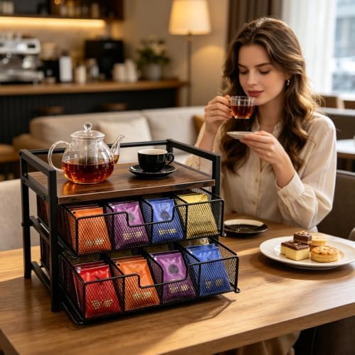 Double Drawer Tea Bag Organizer, 16-Compartment Wooden Tea Box