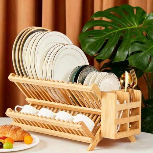 Dish Drying Rack Collapsible 2-Tier Bamboo Dish Rack for Kitchen Counter Wooden Dish Drainer with Foldable Space-Saving Design for Dishes, Plates, and Cups