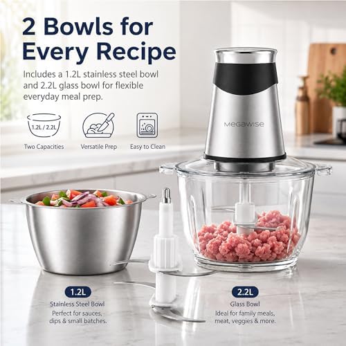 800W Electric Food Chopper, 2.2L Glass & 1.2L Stainless Bowls