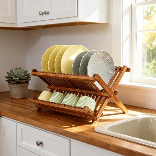 Teak Wood Dish Drying Rack, Foldable Plate Organizer Countertop