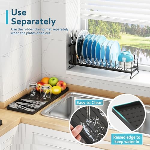 Small Dish Drying Rack - Compact Dish Rack for Kitchen Counter with Silicone Dish Drying Mat, Stainless Steel Dish Drainer for Kitchen Sink Cabinet, Space Saving Plate Rack Cutlery Holder