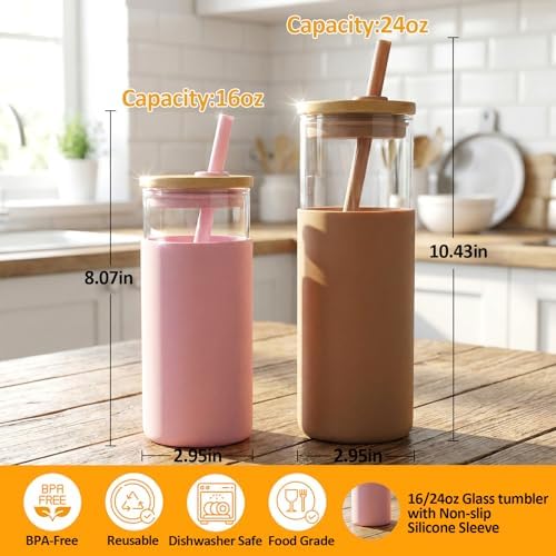 24 oz Glass Tumbler with Lids and Straws, Reusable Iced Coffee Cups