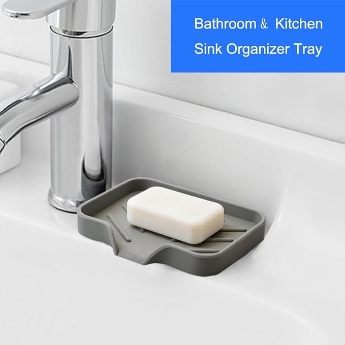 Sponge Holder with Drain Spout, Silicone Sponge Tray for Kitchen Sink, Rubber Soap Dish for Shower Bathroom (Grey, 4.7" x 3.6")