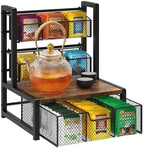 Tea Bag Organizer, 3 Tier Tea Storage Box, Rustic Brown
