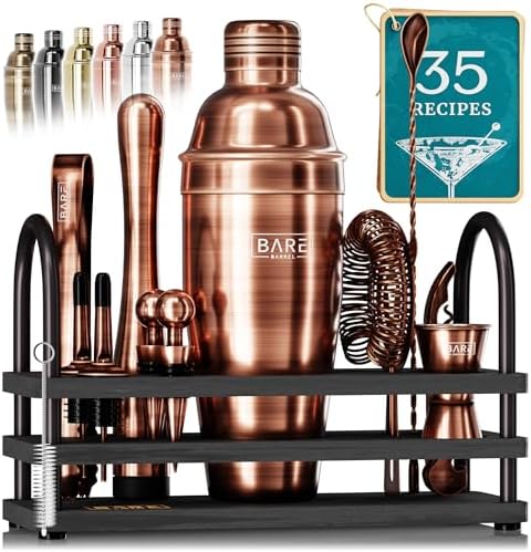 Mixology Bartender Kit Bar Set | 14-Piece Cocktail Shaker Set | Martini Barware Mixing Tools for Home Bartending | 35 Recipe Cards | Gift Set (24oz Cobbler Shaker, Copper/Black)