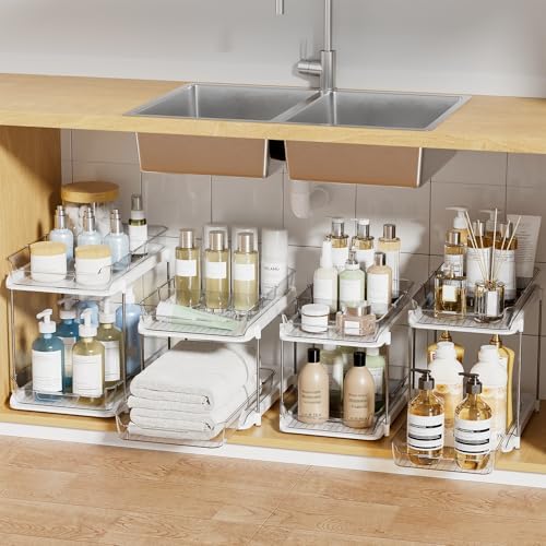 2-Tier Multi-Purpose Bathroom Under Sink Organizers and Storage, Stackable Kitchen Pantry Organization, Pull Out Medicine Cabinet Organizer with Movable Dividers, White, 4Pack