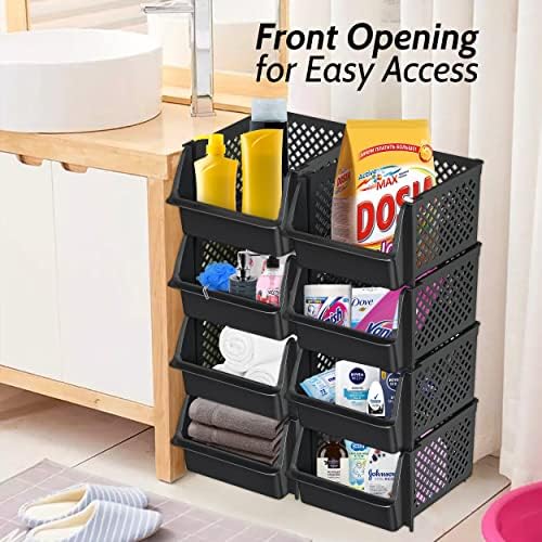 Stackable Storage Bins Open Front for Pantry Storage, 4 Pack - Black