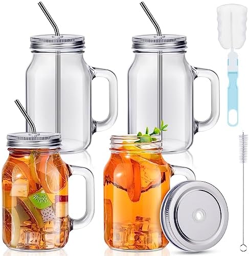 4 Pack Mason Jars Cups with Lids and Straws, 20 oz Mason Jars with Handles