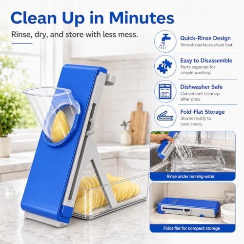 Safe Mandoline Slicer for Kitchen, Vegetable Slicer with Container, French Fry Cutter, All in 1 Julienne Slicer for Potato, Thickness Adjustable, Detachable Blade (Dark blue) - Image 3