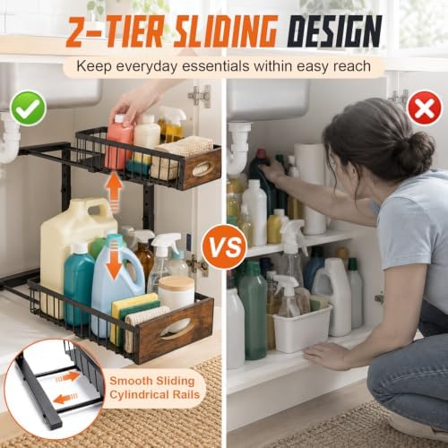 2 Pack Under Sink Organizer, Heavy Duty 2 Tier Pull Out Cabinet Organizer