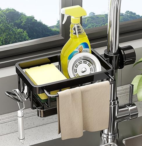 Kitchen Sink Faucet Organizer, Multifunction Sponge Holder, Adjustable Holder Over Faucet for 0.7-1.1inch Round Water Pipe, Sink Organizer Rack for Kitchen and Bathroom (A-Black,Facing Right)
