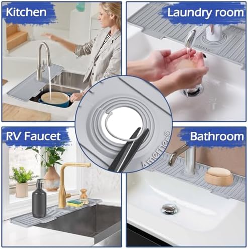 20 inch Kitchen Sink Splash Guard, 10° Large Slope & Adaptable Hole Faucet Mat for Kitchen Sink, Silicone Sink Organizer Sponge Holder for Kitchen, Bathroom, RV, Bar, 20” x 5.5”, Gray