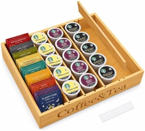 Premium Bamboo Coffee Station & Tea Bag Organizer Box -7 Adjustable Slots with Removable Dividers, Silicone Non-Slip Pads - Eco-Friendly Countertop & Drawer Storage for K-Cups, Office Breakroom