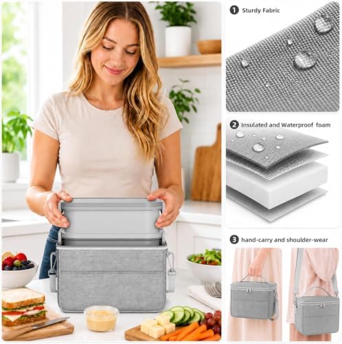 Adults Lunchbox Bento Box with Lunch Bag- 74 OZ All-in-One Stackable Lunch Box for Adults Kids Women Men Leakproof Bento Large Lunch Box Containers with Fork Spoon Sauce Box for Work School (Grey)
