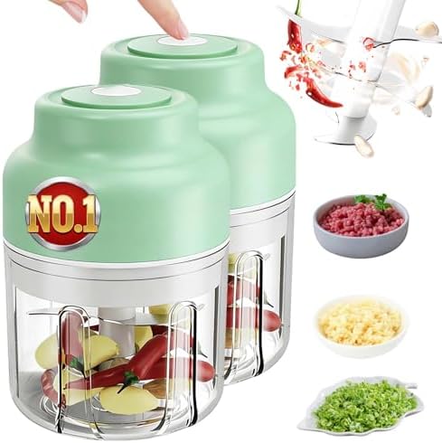 Electric Garlic Chopper Mini, Cordless Mini Food Chopper With 6 Blades, 320ml Small Garlic Grinder For Onion Chili Ginger, Rechargeable Kitchen Gadget (2, Green) by QWJUX