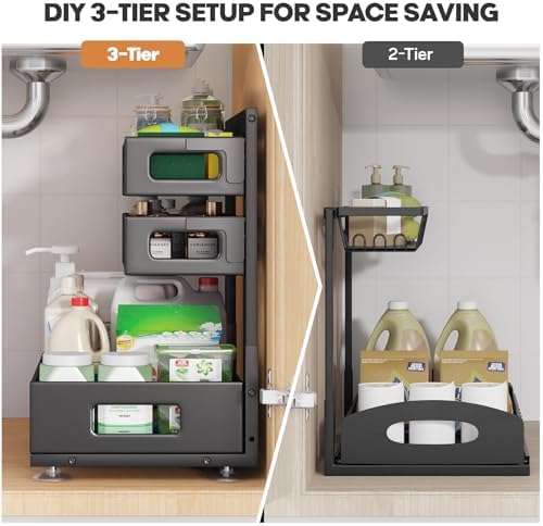 2 Pack Under Sink Organizer,Pull Out Cabinet Organizer with Smooth Cylindrical Rail,Metal Slide Out Drawer for Kitchen Bathroom Laundry Cabinet,8-Level Tool Free Height Adjustable-Black