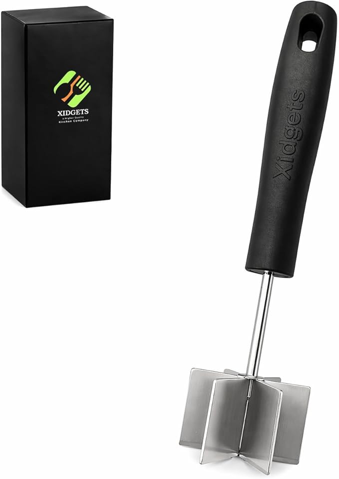 Large Stainless Steel Meat Chopper & Masher | Dishwasher Safe | 6-Blade Ground Beef Chopper Tool | Hamburger Smasher | Oversized Ergonomic Handle | Heat Resistant Grip - 10" (Black 10")