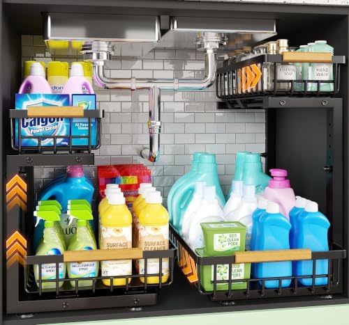 Under Sink Organizer 2 Pack,Adjustable Height 2-Tier Slide Out Drawer,Black