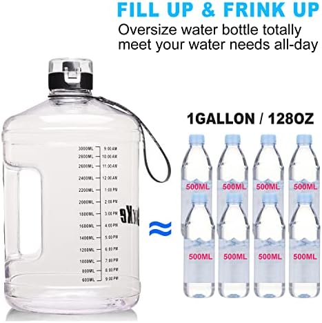 Gallon Big Water Bottle with Handle, 128oz Leakproof BPA Free Fitness Sports Water Bottle with Motivational Time Marker & Wide Mouth Ensure You Drink More Water