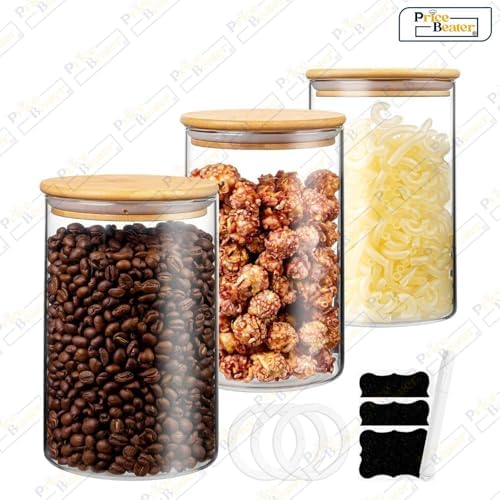 Set of 3 Glass Jars Containers – 1 L Airtight Food Storage Jars with Bamboo Lid for Cereal, Pasta, Tea, Coffee, Sugar – Dishwasher Safe