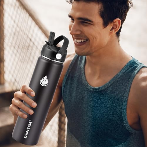 Insulated Water Bottle 24 OZ, Wide Mouth 24 oz Water Bottle with Straw Lid, Spout Lid, Double Wall Vacuum Stainless Steel Leak Proof, Keeps Liquids Hot or Cold (Black)
