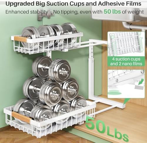 Under Sink Organizer, 2 Tier Under the Sink Storage, Slide out Pull out Cabinet Organizer Shelf, Metal Sliding Drawer for Kitchen Bathroom Pantry Closet Organization Rack, White, 2 Pack