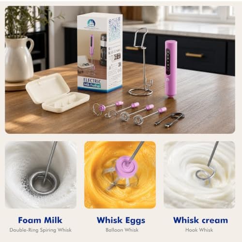 Rechargeable Milk Frother with Stand, 4 Interchangeable Whisks & Travel Case – Handheld Mixer for Lattes, Matcha, Hot Chocolate, Eggs & Protein Shakes - Image 4