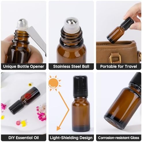 Segbeauty 0.34oz Glass Roller Bottles for Essential Oils, 5pcs Amber Refillable Roll On Bottles, 10ml Empty Rollerball Bottle for Oil, Small Travel Size Containers for Perfume Cosmetics Liquids - Image 2