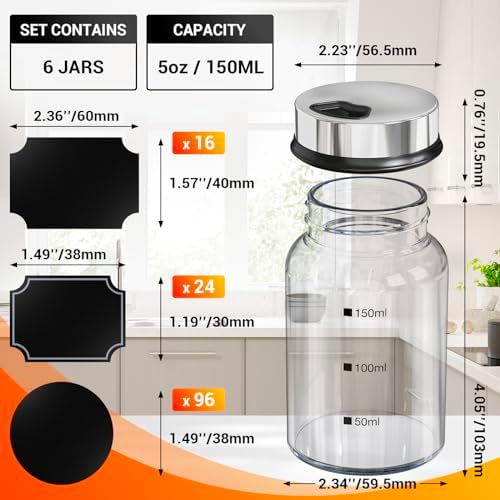 Spice Jars with Labels, 6 Pack 5oz Glass Spice Containers with Lids, Empty Clear Salt Shakers for Kitchen Condiment Storage, Spice Bottles Set with 136 Stickers, 1 Marker Pen and 1 Brush