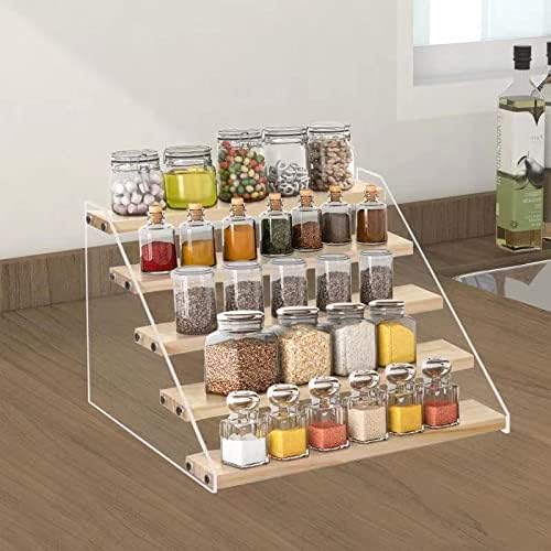 Spice Rack Organizer for Cabinet & Countertop - Seasoning Organizer Spice Shelf - Space Saving Wooden Display Risers Shelf Showcase Fixtures Jewelry (5 Tier)