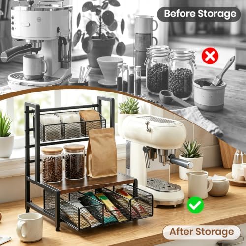 Tea Bag Organizer 3 Tier Wood Tea Organizers and Storage Drawer