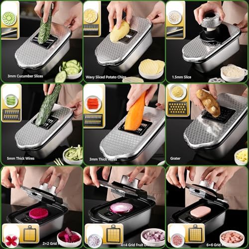10 in1, 8 Blade Vegetable Chopper Food Grade Stainless Steel, Onion Mincer, Cutter, Dicer, Egg Slicer with Container, French Fry Cutter Potato Slicer, Home Essentials, Salad Chopper (Print Silver) - Image 6