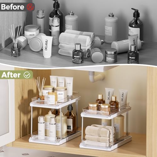 2-Tier Bathroom Under Sink Organizers and Storage, Pull Out Cabinet Drawers with Anti-Slip Design, Multi-Purpose Storage for Kitchen, Pantry, Bathroom & Home Organization, White, 4 Pack