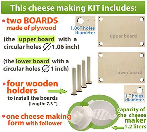 Wooden Cheese Press for Cheese Making Supplies 12 in Wooden Guides and Cheese Mold with Follower Piston 1.3 Qt - Small Home Supply Ultimate Cheese Press Machine - Prensa Para Queso Casero