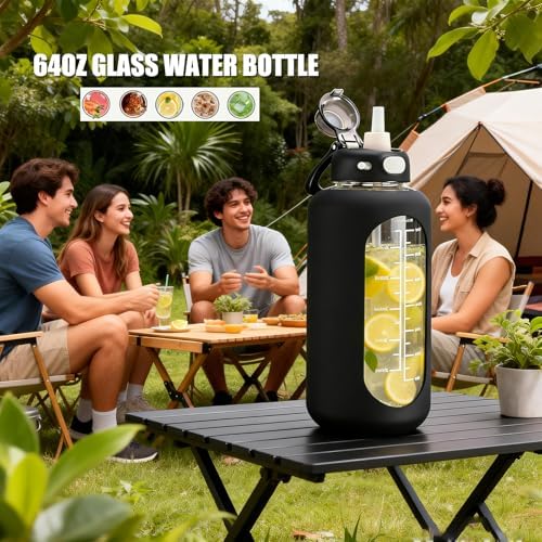 64 oz Borosilicate Glass Water Bottle with Straw, Motivational Sports Bottle, Durable Silicone Sleeve, Time Marker, for Gym, Sports, Workout, Daily