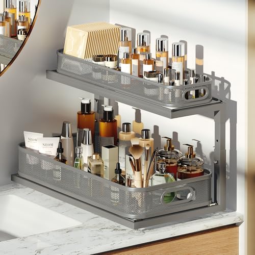 2-Pack 21.3 IN Depth Under Sink Organizer With Next-Gen Ball-Bearing Slides,Sophisticated Mesh 2-Tier Pull Out Shelf for Kitchen & Bathroom,Fits Small Items-Gun Gray