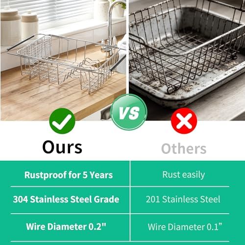 Over Sink Dish Drying Rack, Expandable 14.96"–22.44" Adjustable Dish Rack for Kitchen Sink, 304 Stainless Steel Dish Drainer with Utensil Holder, Space Saving for Most Standard Kitchen Sinks