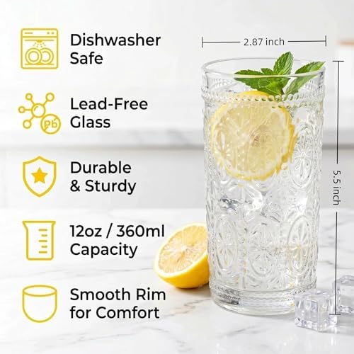 6 Pack Romantic Drinking Glasses, 12 oz Highball Glasses, Thick Water Glasses, Tall Glass Cups for Beverages, Beer, Cocktail, Vintage Glassware Set for Dinner Parties, Bars, Restaurants