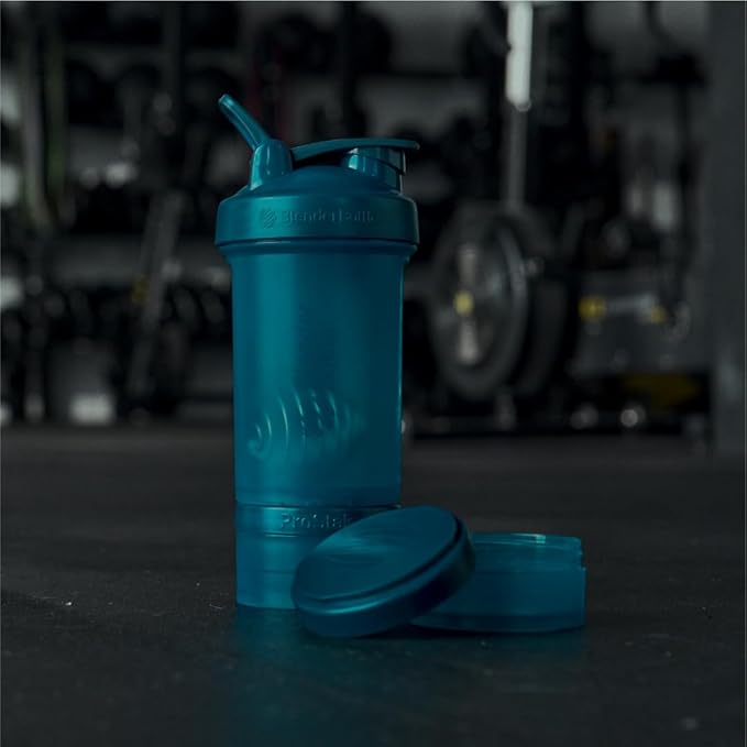 BlenderBottle Shaker Bottle with Pill Organizer and Storage for Protein Powder, Classic V2 ProStak System, 22-Ounce, Ocean Blue