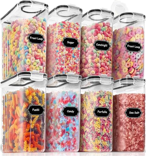 Cereal Containers Storage Set (4L,135.2 Oz), 8PCS Airtight Food Storage Containers with Lids for Kitchen & Pantry Organizers and Storage, Cereal Dispensers with 20 labels, Measuring Cup & Marker