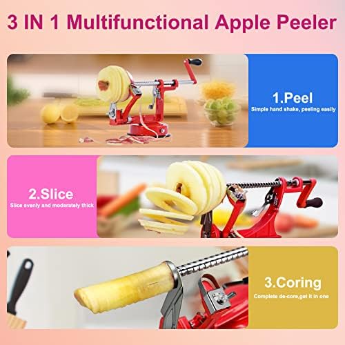 Apple Peeler, Slicer Corer Potato Peelers 3 In 1, Stainless Steel Heavy Duty with Suction Cup Base And 3 Extra Blades (Red)