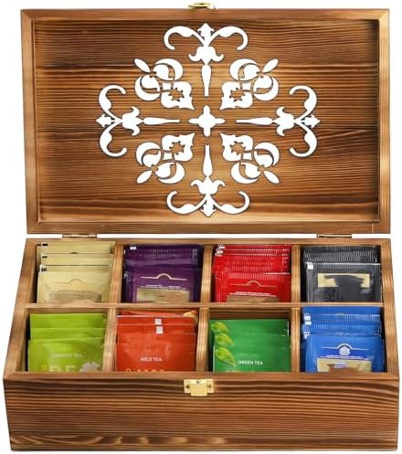 Wooden Tea Bag Storage Box with Carved Lid, 8-Compartment Tea Chest Organizer Spice Packets Container for Living Room, Kitchen, Office, Home Decor