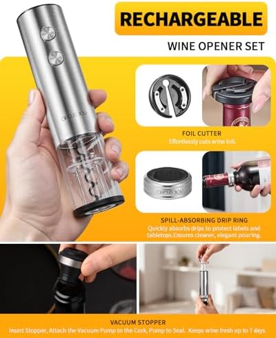 Rechargeable Electric Wine Opener Set 8-in-1 Stainless Steel Automatic Wine Bottle Opener Gift Set w/Electric Wine Aerator Pourer, Foil Cutter, Wine Drip Ring, Vacuum Pump & 2 Wine Stoppers