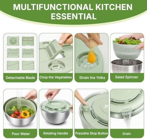 Stainless Steel Salad Spinner 4.25qt, One‑touch Stop Button & Non‑slip Base, Vegetable Dryer Bowl with 5‑blade Slicer & Egg Yolk Strainer for Kitchen Party Use - Image 5
