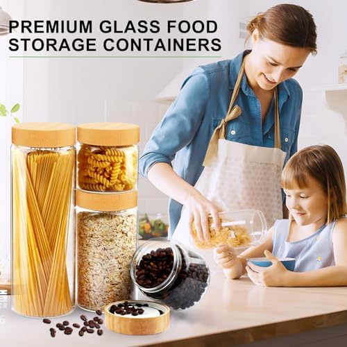 Airtight Glass Jar with Lid, Glass Storage Containers with Screw On Bamboo Lids, for Cookie, Pasta, Cereal Storage Containers, 5Pcs 80oz 50oz 27oz Canisters Sets for the Kitchen